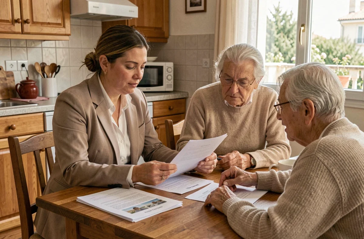 Une assistante sociale de l'AAFP13 discute d'un plan d'aide avec un couple âgé dans leur appartement marseillais