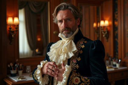 Acteur en costume théâtral ajustant son col backstage