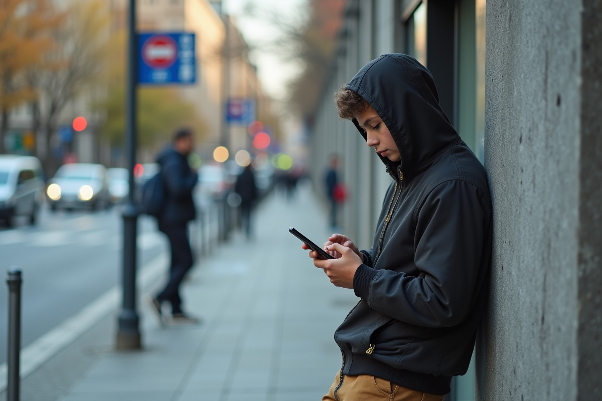 Adolescent avec un flip phone à un arrêt de bus urbain