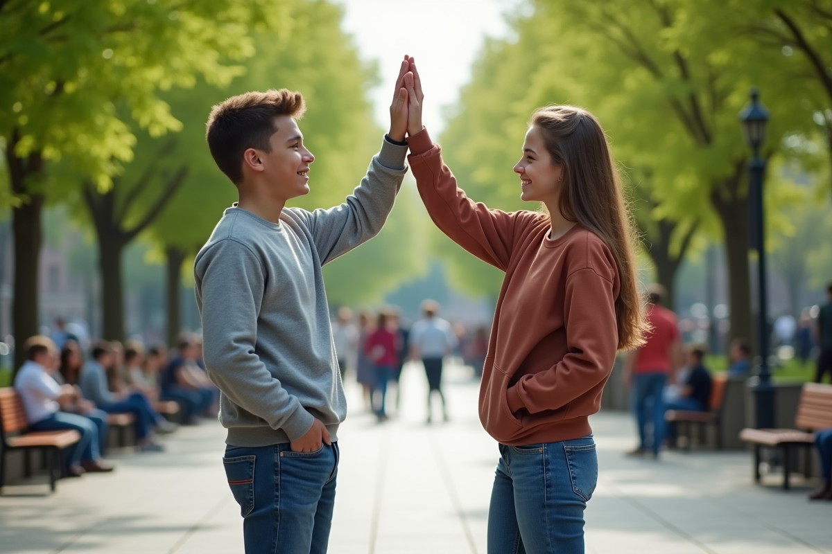 Deux adolescents partageant un highfive dans un parc urbain