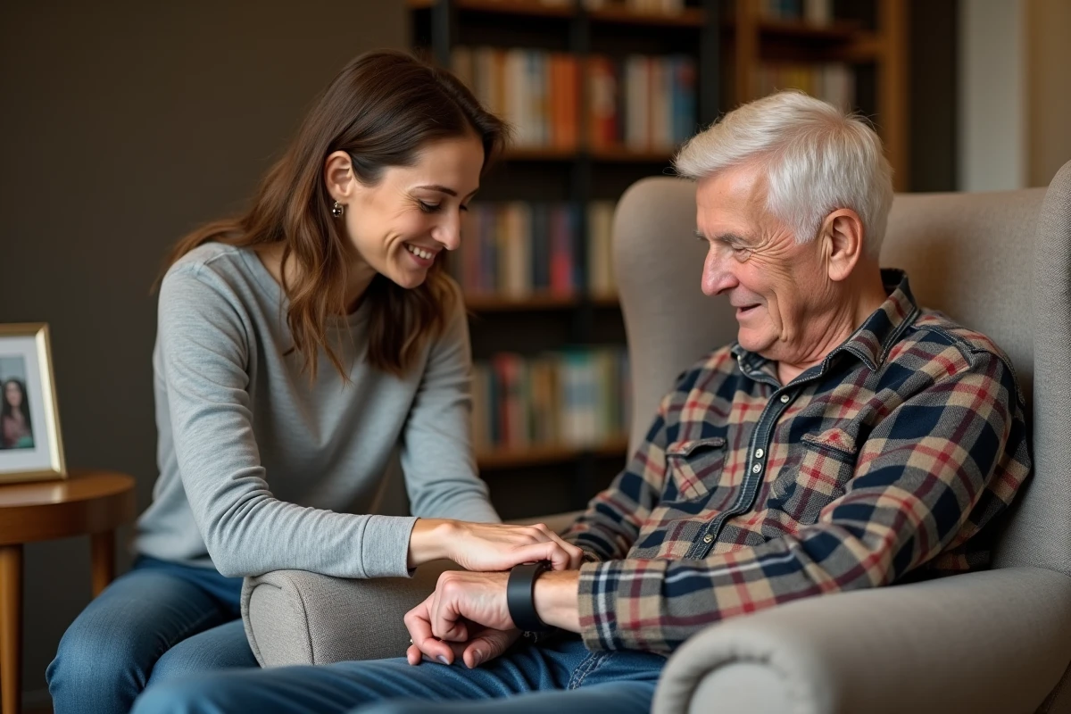 Aidante familiale attachant un bracelet GPS Alzheimer à un senior dans un salon familial