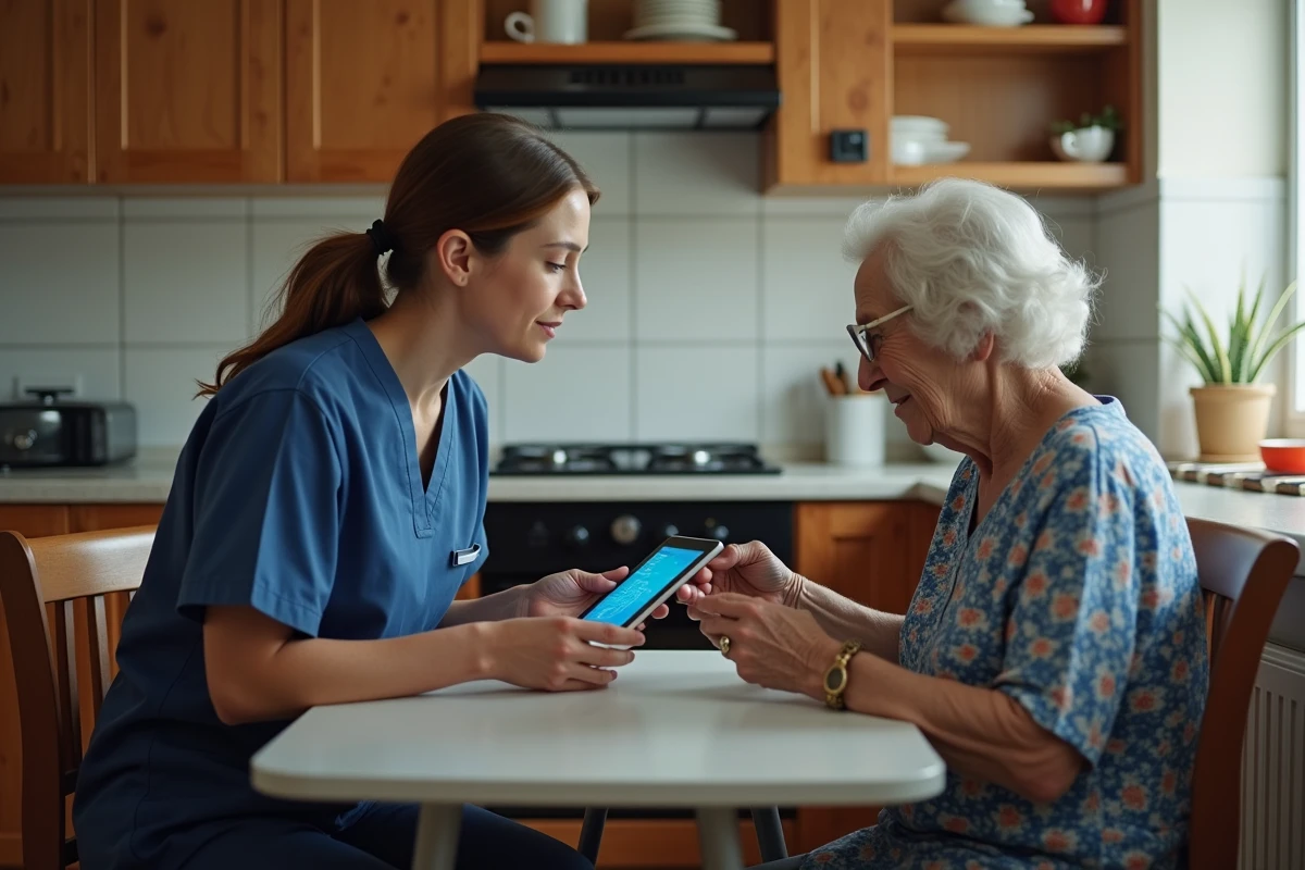 Aide à domicile et personne âgée consultant ensemble une application de détection de chute sur tablette dans une cuisine