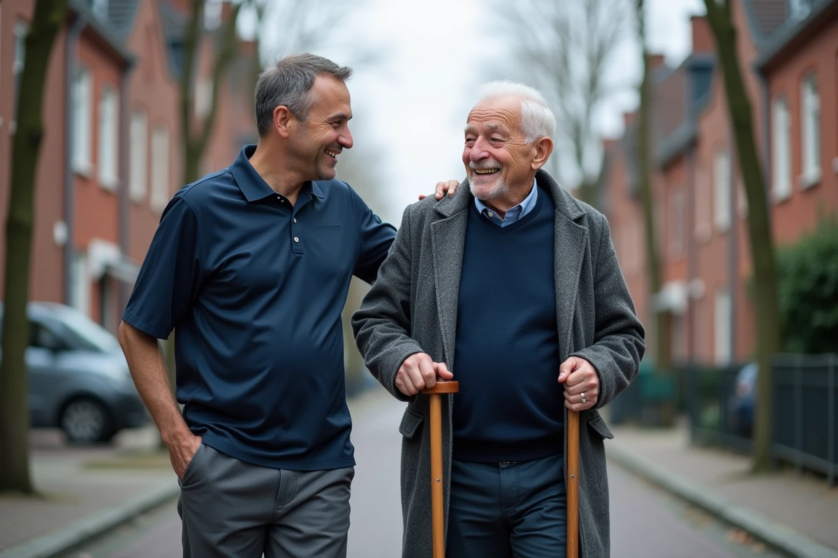 Aide à domicile accompagnant un senior en promenade dans les rues de Lille