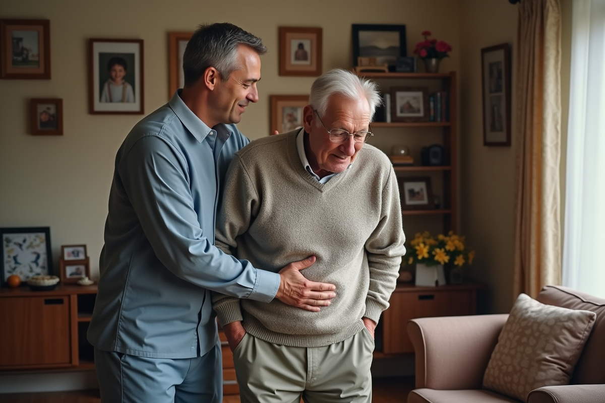 Aide aidant une personne agee dans le salon chaleureux