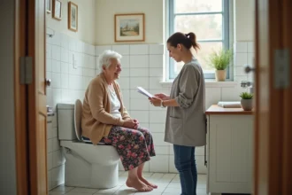 Femme agee souriante avec aidante dans salle de bain