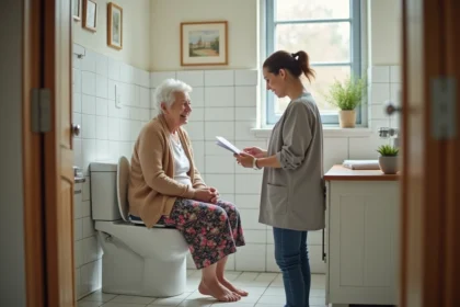Femme agee souriante avec aidante dans salle de bain