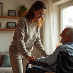 Aide familiale Belgique : qui y a droit ? Femme belge aidant un homme en fauteuil à la maison