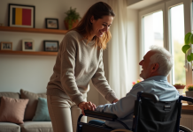 Femme belge aidant un homme en fauteuil à la maison