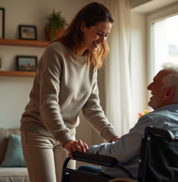 Femme belge aidant un homme en fauteuil à la maison