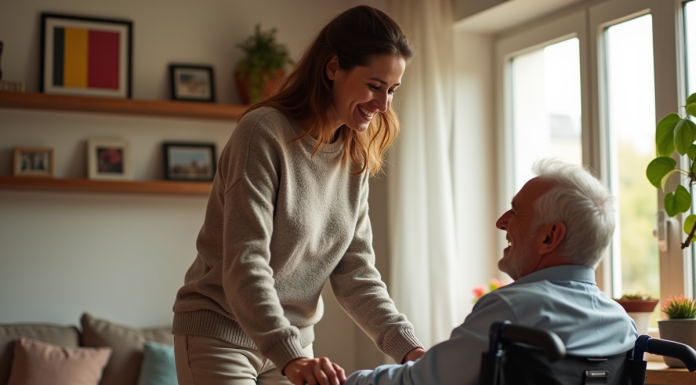 Aide familiale Belgique : qui y a droit ? Femme belge aidant un homme en fauteuil à la maison