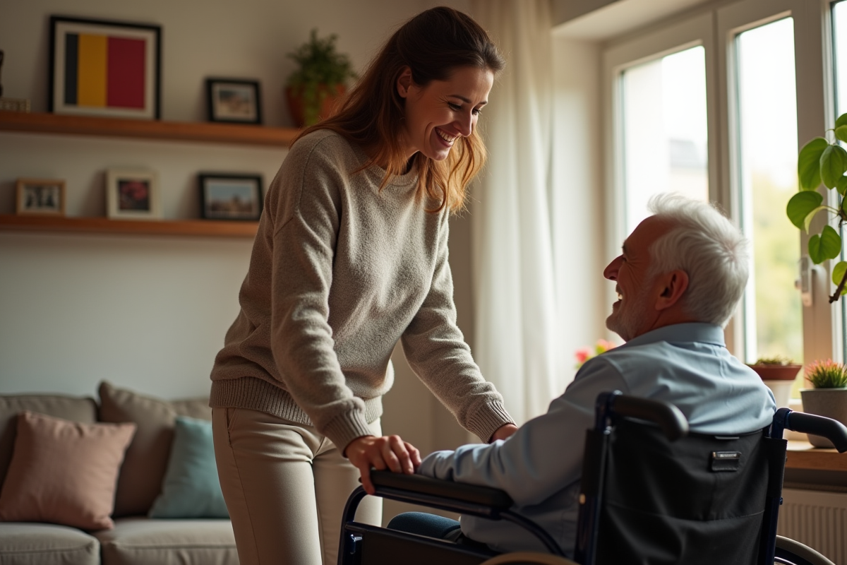 Femme belge aidant un homme en fauteuil à la maison