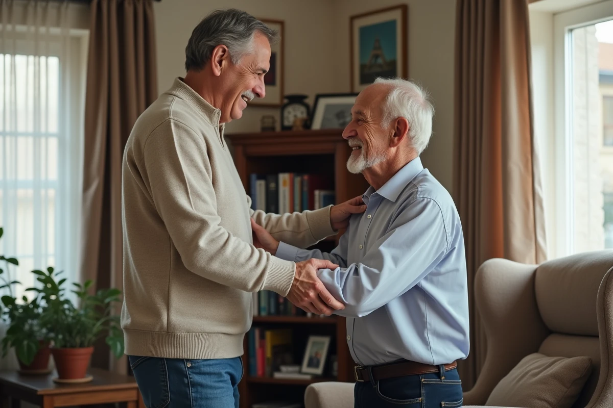 Aide soignant aidant un homme age en salon