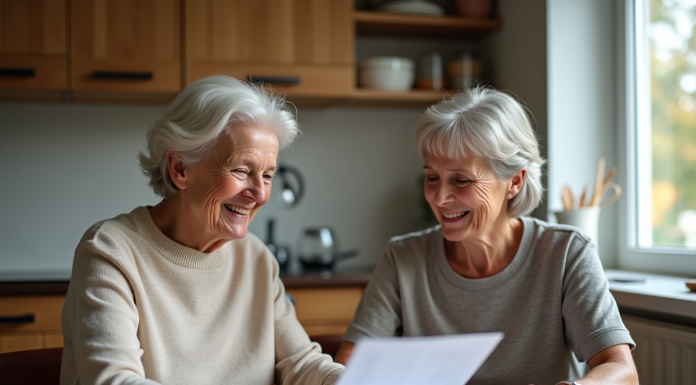 Femme aidante et dame souriantes dans la cuisine