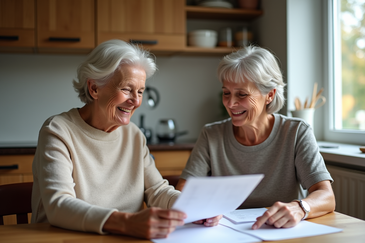 Femme aidante et dame souriantes dans la cuisine