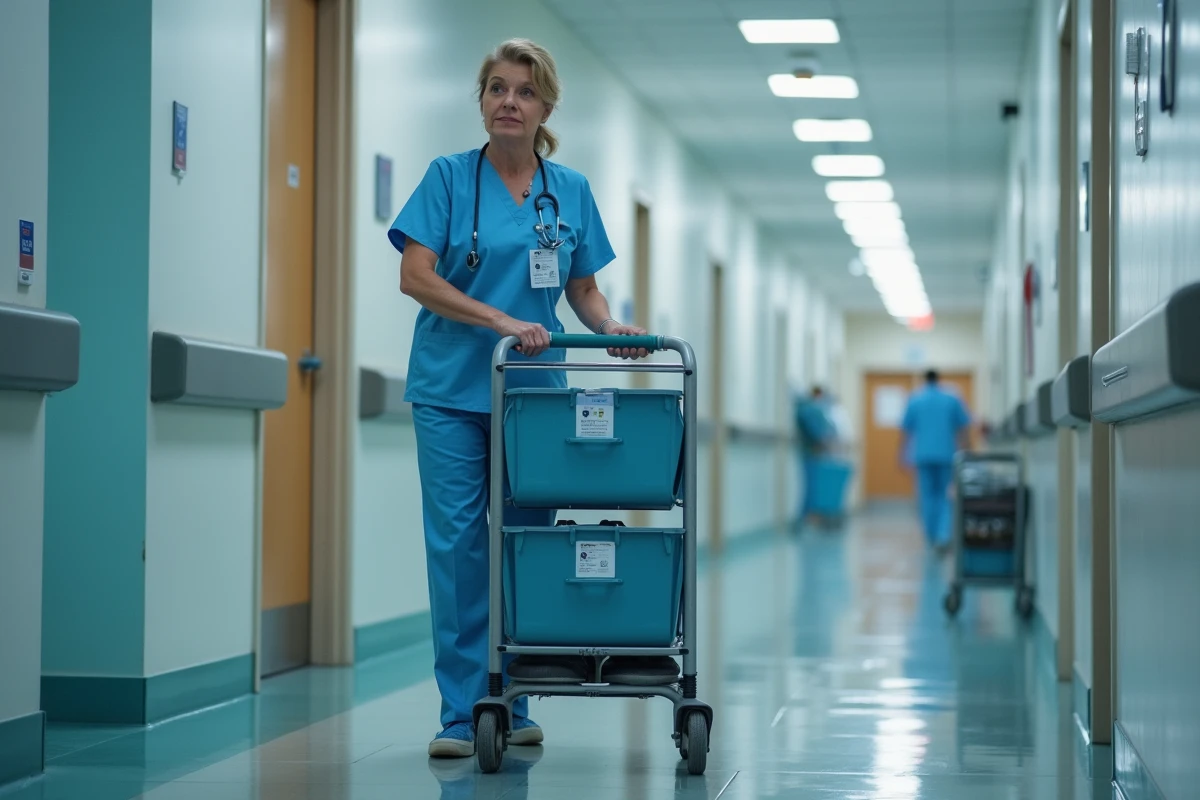 Aide-soignante en blouse bleue dans un couloir d'hôpital