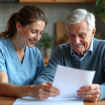 L’importance de l’accompagnement personnalisé : focus sur Philia ADMR Aide-soignante soutenant un senior souriant à la maison