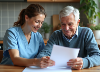 L’importance de l’accompagnement personnalisé : focus sur Philia ADMR Aide-soignante soutenant un senior souriant à la maison