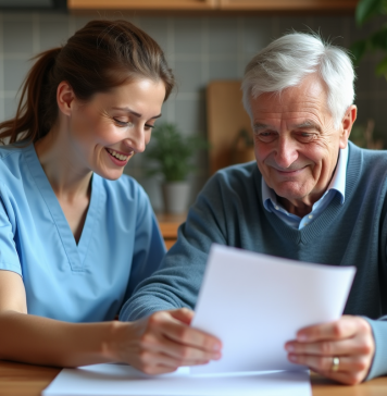 L’importance de l’accompagnement personnalisé : focus sur Philia ADMR Aide-soignante soutenant un senior souriant à la maison