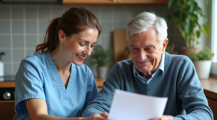 L’importance de l’accompagnement personnalisé : focus sur Philia ADMR Aide-soignante soutenant un senior souriant à la maison