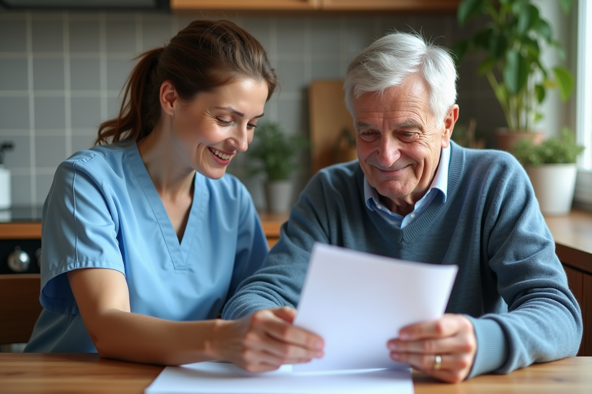 Aide-soignante soutenant un senior souriant à la maison