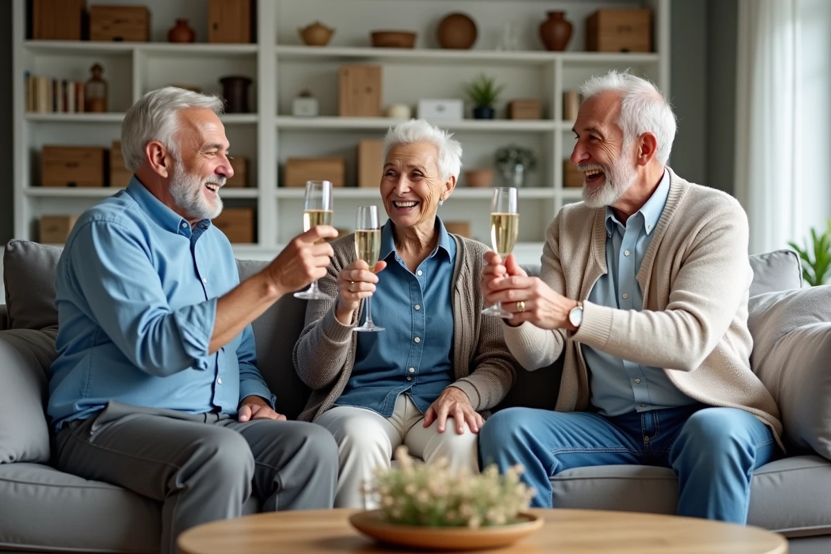 Groupe d'amis seniors fêtant un anniversaire de 70 ans avec des coupes de champagne dans un salon contemporain