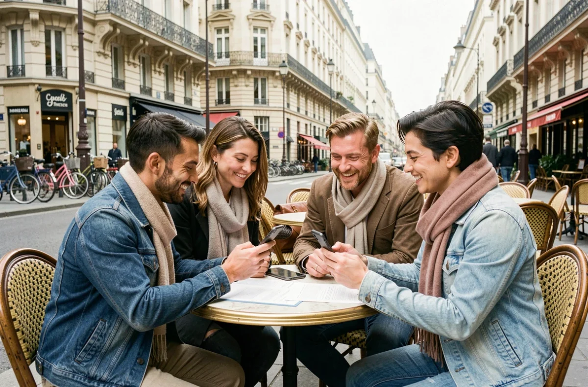 Groupe d'amis animant une sortie organisée sur Quintonic Paris autour d'un café