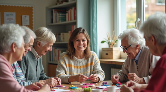 Devenir animatrice pour personnes âgées : les étapes à suivre pour réussir Femme en groupe lors d'un atelier créatif communautaire