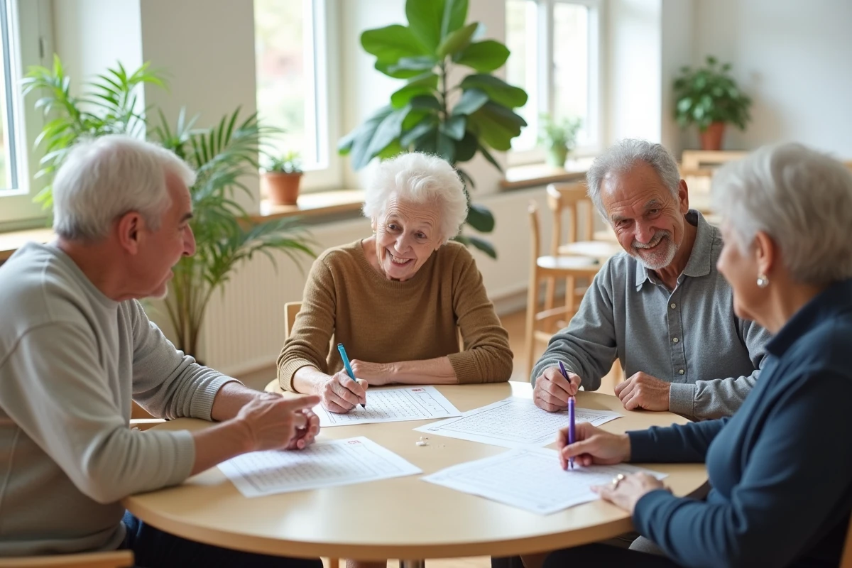 Groupe de personnes âgées participant à un atelier mémoire avec des grilles de mots mêlés imprimées dans une salle communautaire