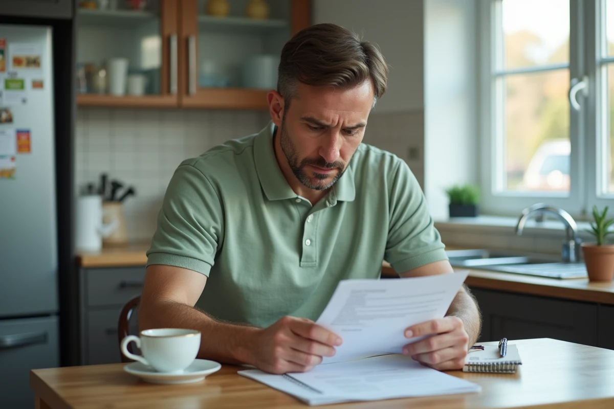 Un auxiliaire de vie consulte son contrat de travail à la cuisine, illustrant la question du salaire et des conditions d'emploi en 2026