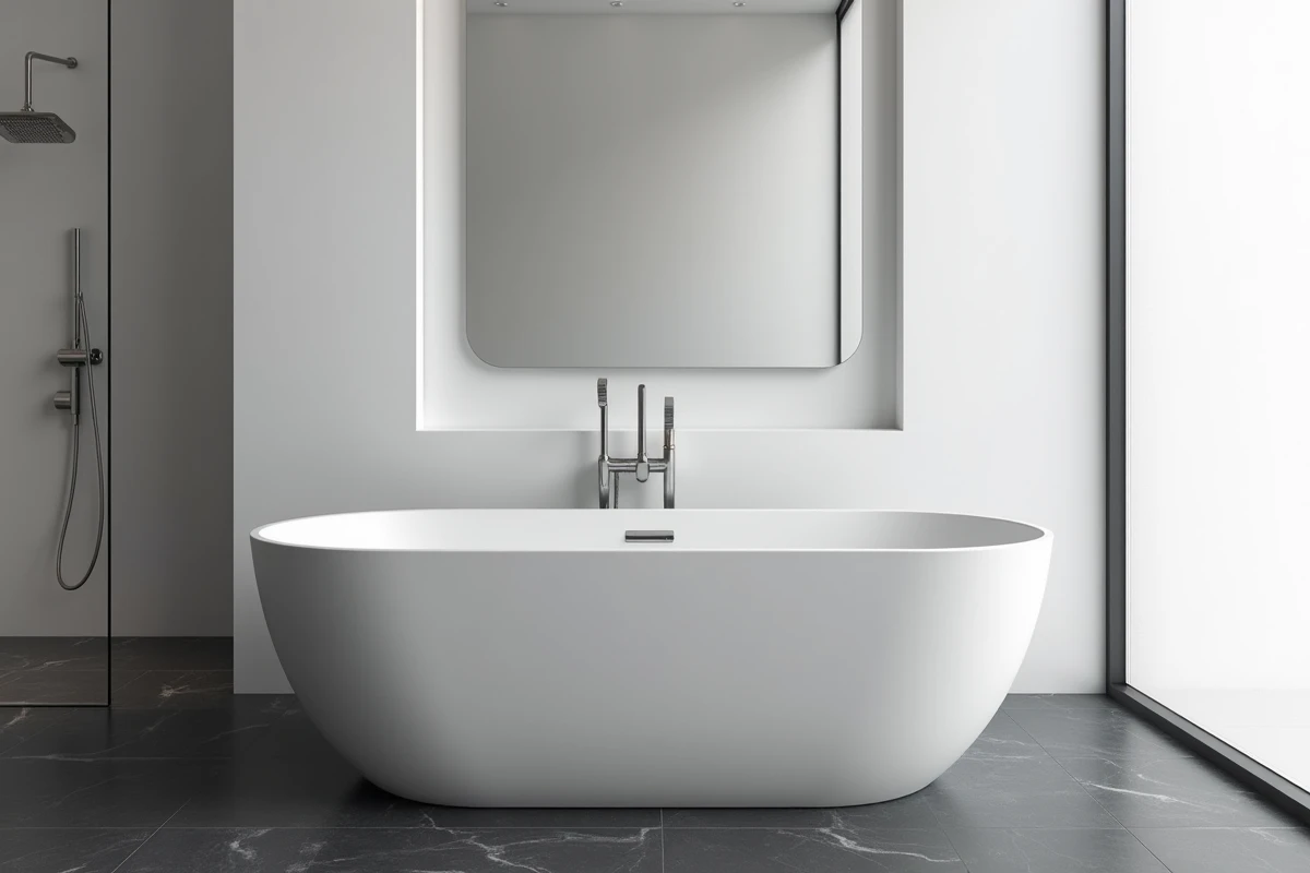 Baignoire PMR autoportante design en acrylique mat blanc avec siège de transfert intégré dans une salle de bain minimaliste anthracite