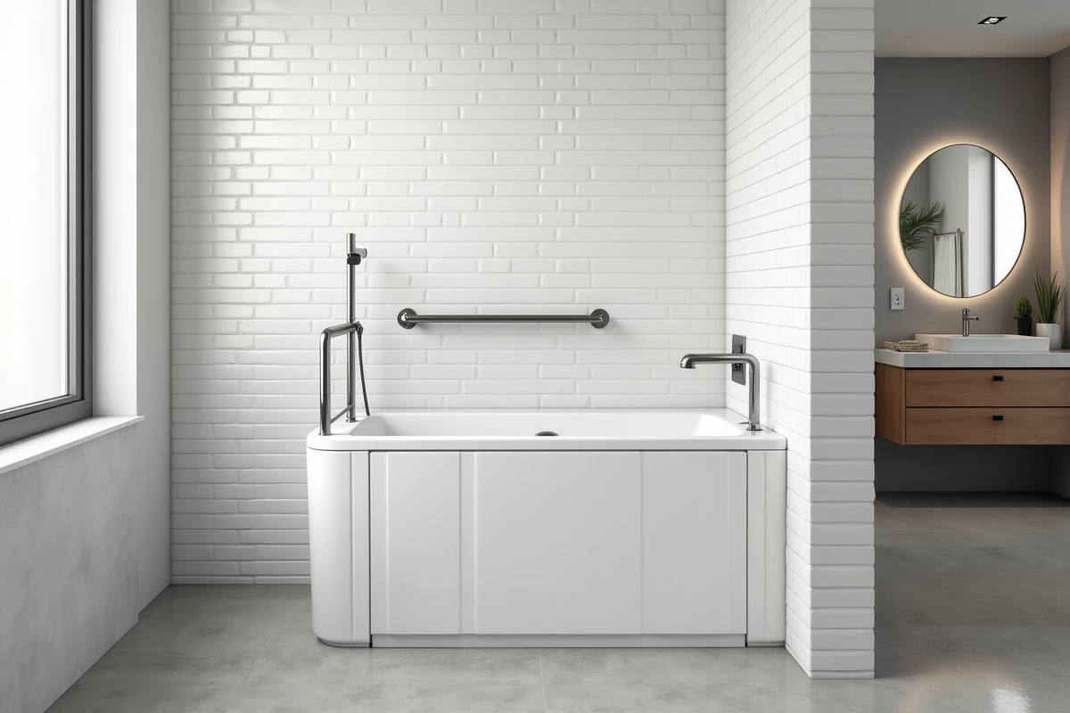 Baignoire PMR moderne avec porte latérale intégrée et barres d'appui chromées dans une salle de bain accessible contemporaine