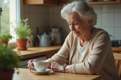 Femme âgée portant un bracelet GPS Alzheimer low-cost à son poignet dans une cuisine chaleureuse