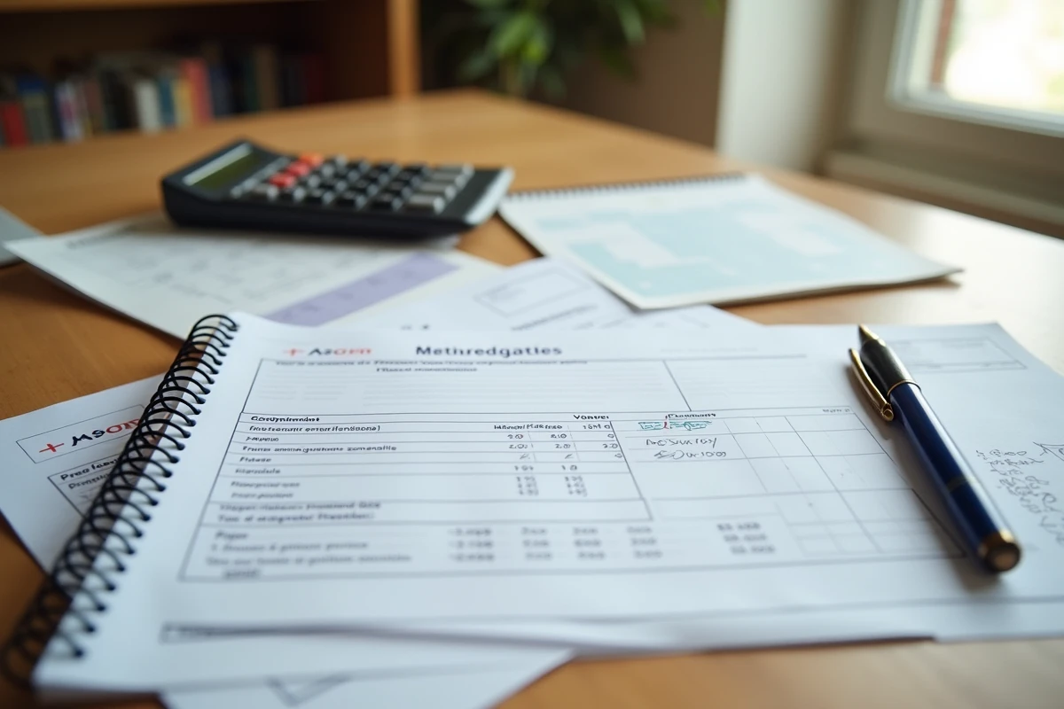 Vue aérienne d'un bureau avec relevé de points Agirc-Arrco, calculatrice et notes manuscrites pour calculer ses droits à la retraite pendant le chômage