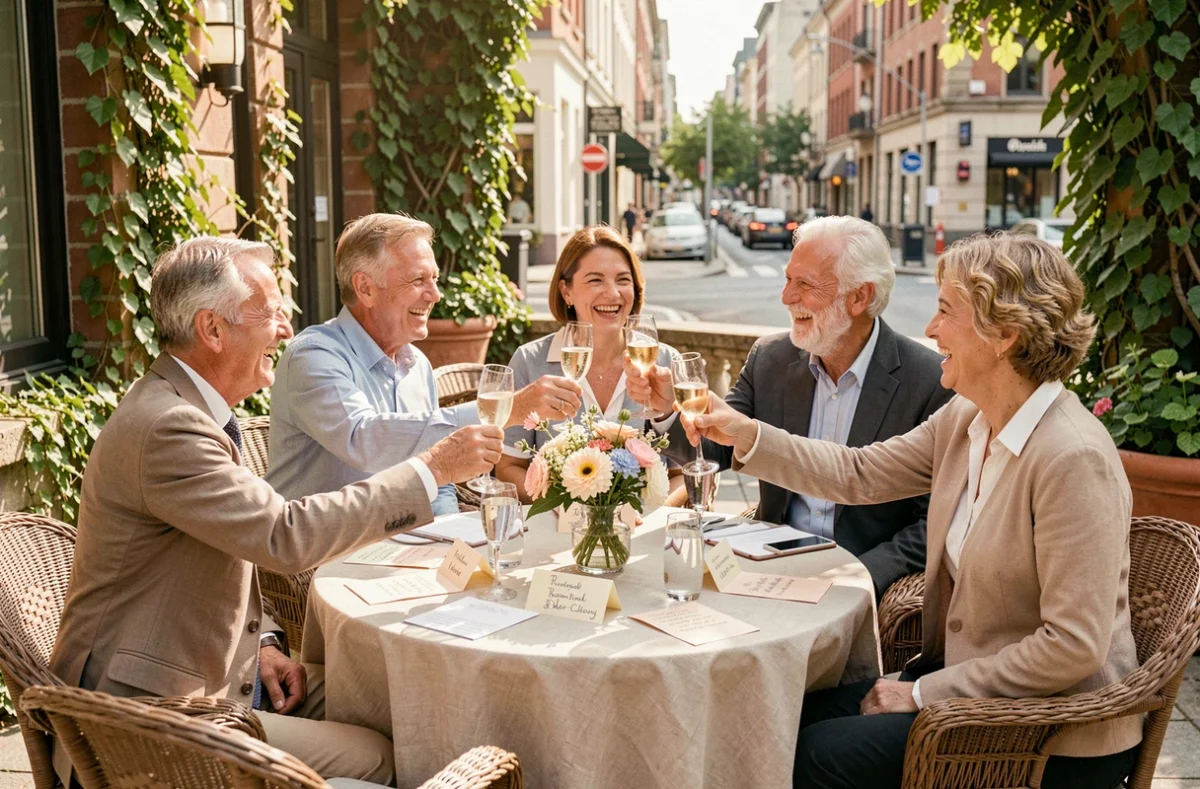 Groupe de collègues fêtant une retraite en terrasse de restaurant avec cartes et verres levés