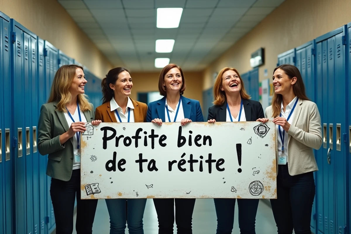 Groupe de collègues enseignants tenant une banderole humoristique de bonne retraite dans un couloir d'école
