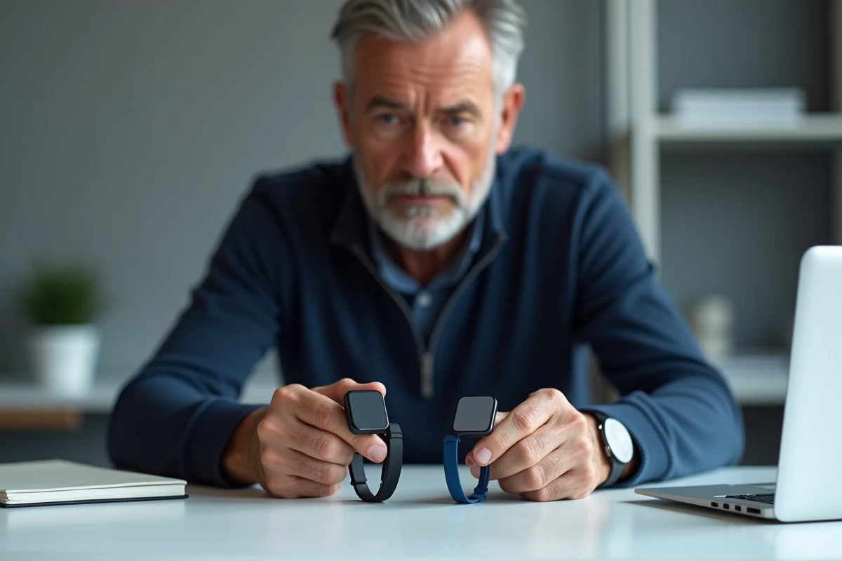 Homme comparant deux bracelets GPS Alzheimer low-cost et premium sur un bureau moderne