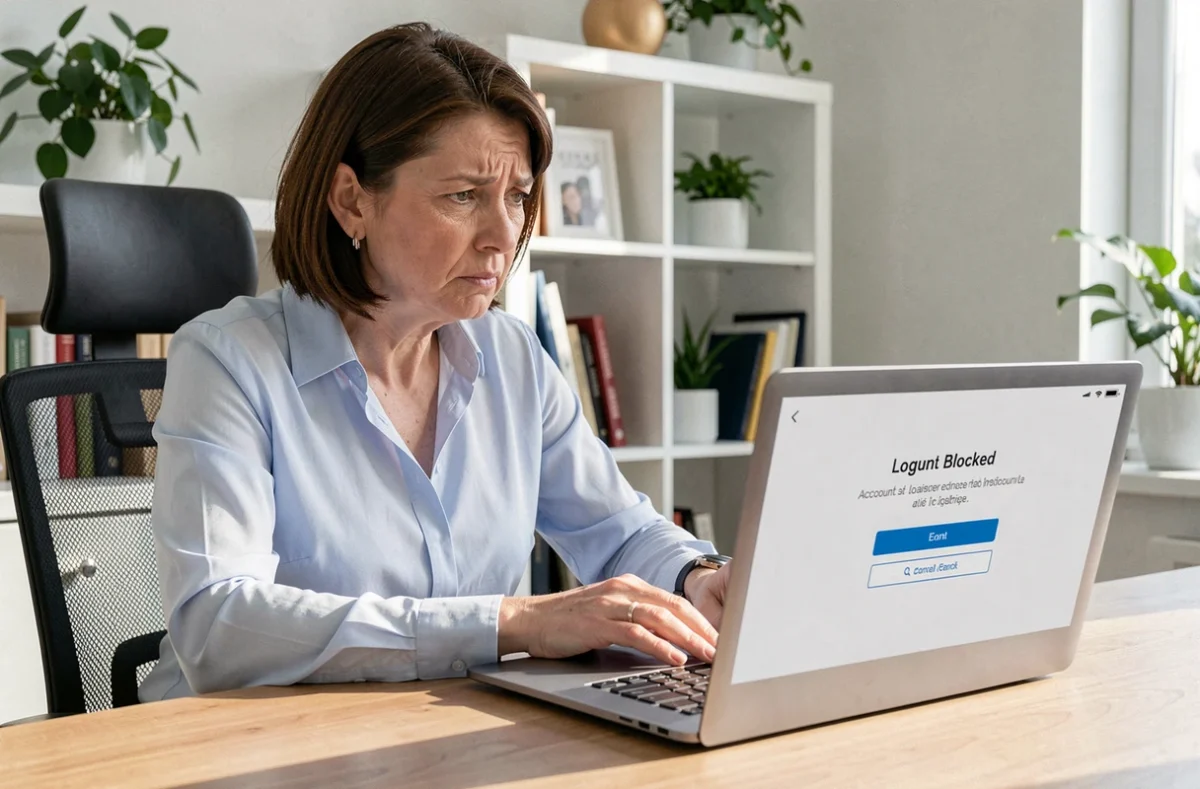 Femme frustrée devant un écran d'ordinateur affichant un message de compte bloqué sur une plateforme de soins à domicile ADMR