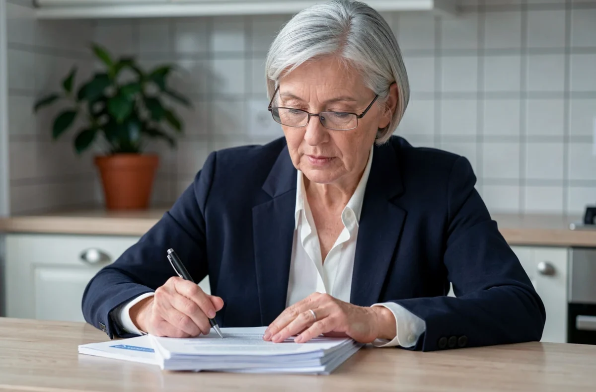Femme senior examinant attentivement des documents administratifs liés aux conditions d'ouverture des droits au chômage, illustrant l'importance de respecter les critères officiels après une réforme