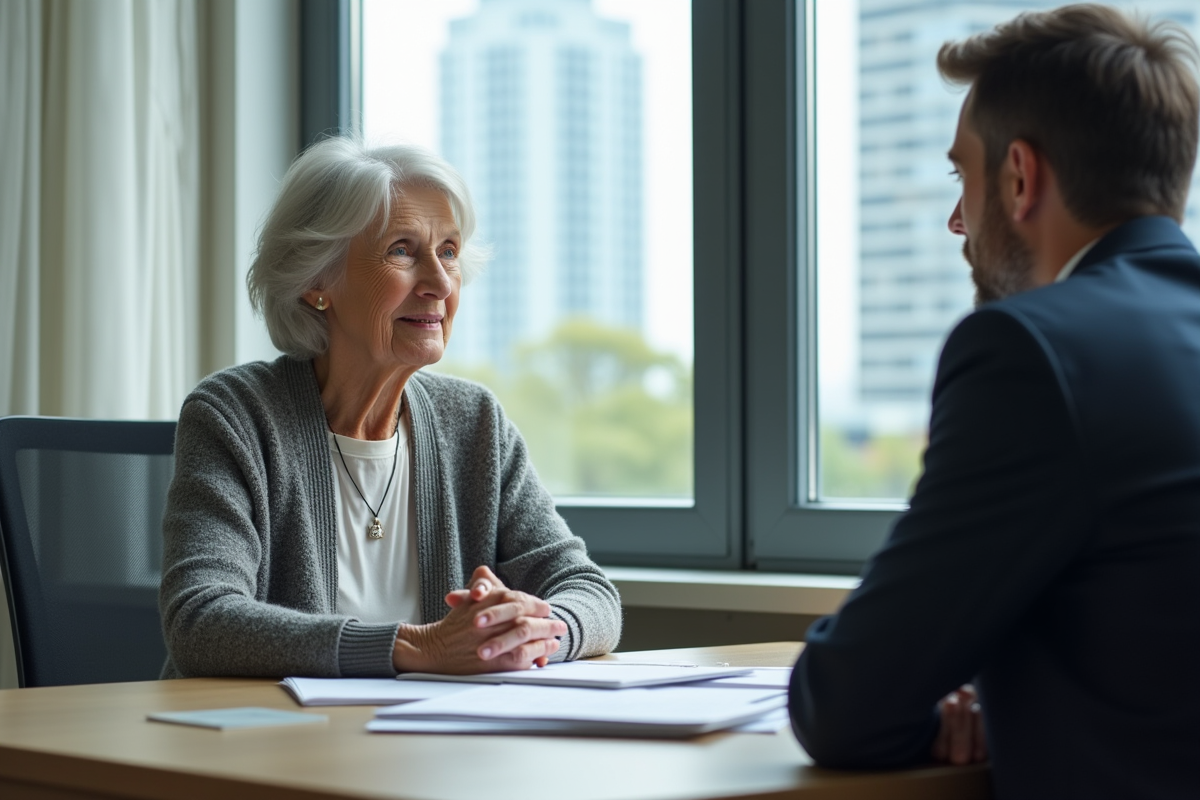 Seniore rencontrant un conseiller dans un bureau moderne