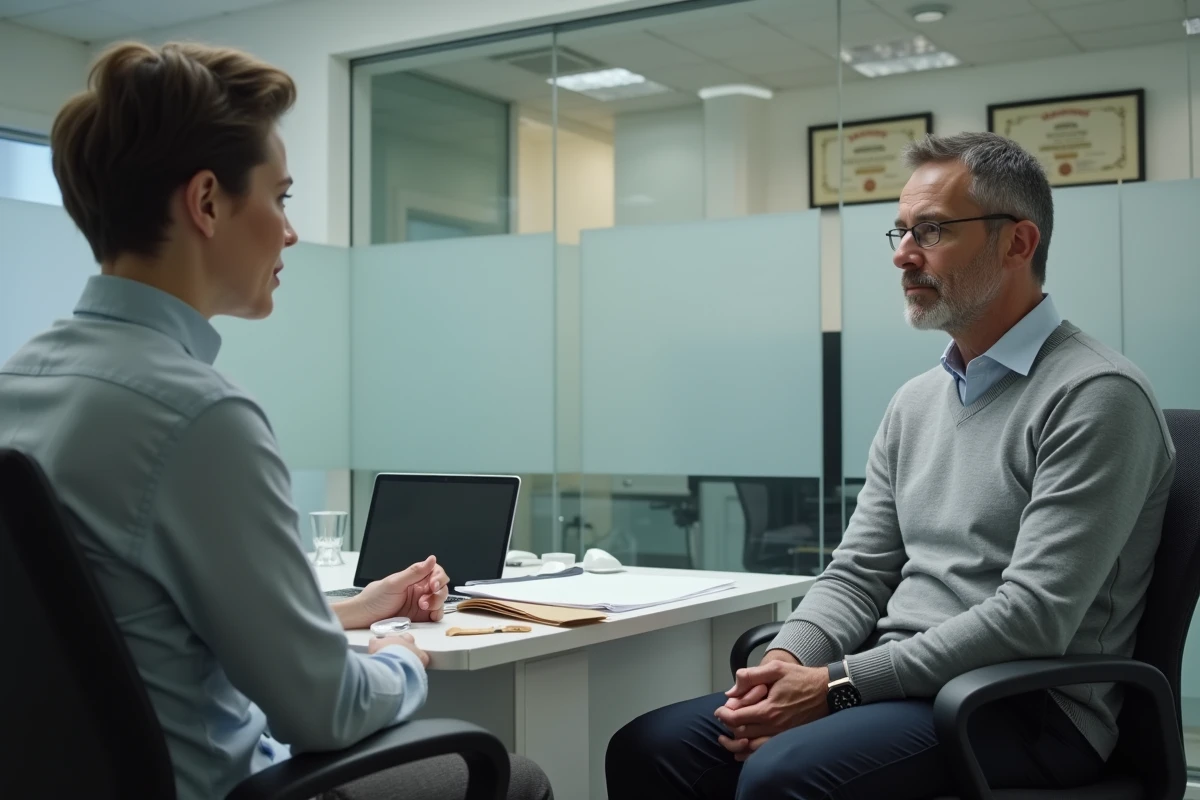 Consultation professionnelle entre un employé et un conseiller RH concernant le capital décès employeur