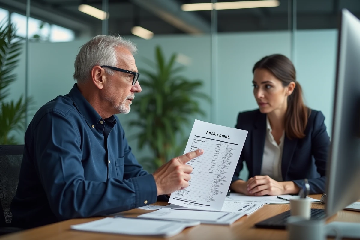 Homme de 62 ans consultant un conseiller financier pour vérifier ses 172 trimestres de retraite