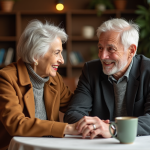 Draguer à 65 ans : conseils et astuces pour séduire à tout âge Couple senior souriant au café dans un intérieur chaleureux