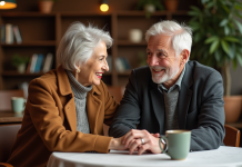 Draguer à 65 ans : conseils et astuces pour séduire à tout âge Couple senior souriant au café dans un intérieur chaleureux