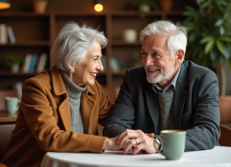 Draguer à 65 ans : conseils et astuces pour séduire à tout âge Couple senior souriant au café dans un intérieur chaleureux
