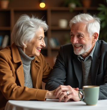 Couple senior souriant au café dans un intérieur chaleureux