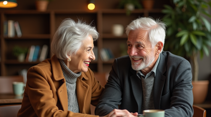 Draguer à 65 ans : conseils et astuces pour séduire à tout âge Couple senior souriant au café dans un intérieur chaleureux
