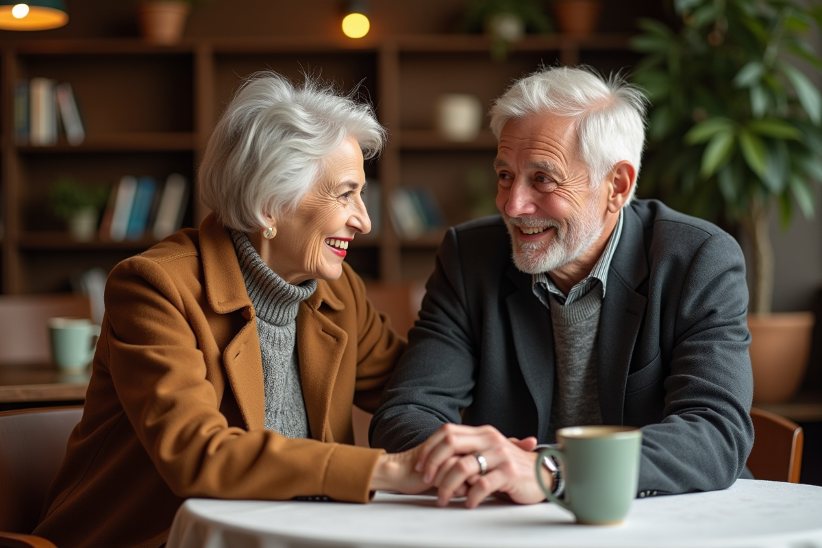 Couple senior souriant au café dans un intérieur chaleureux