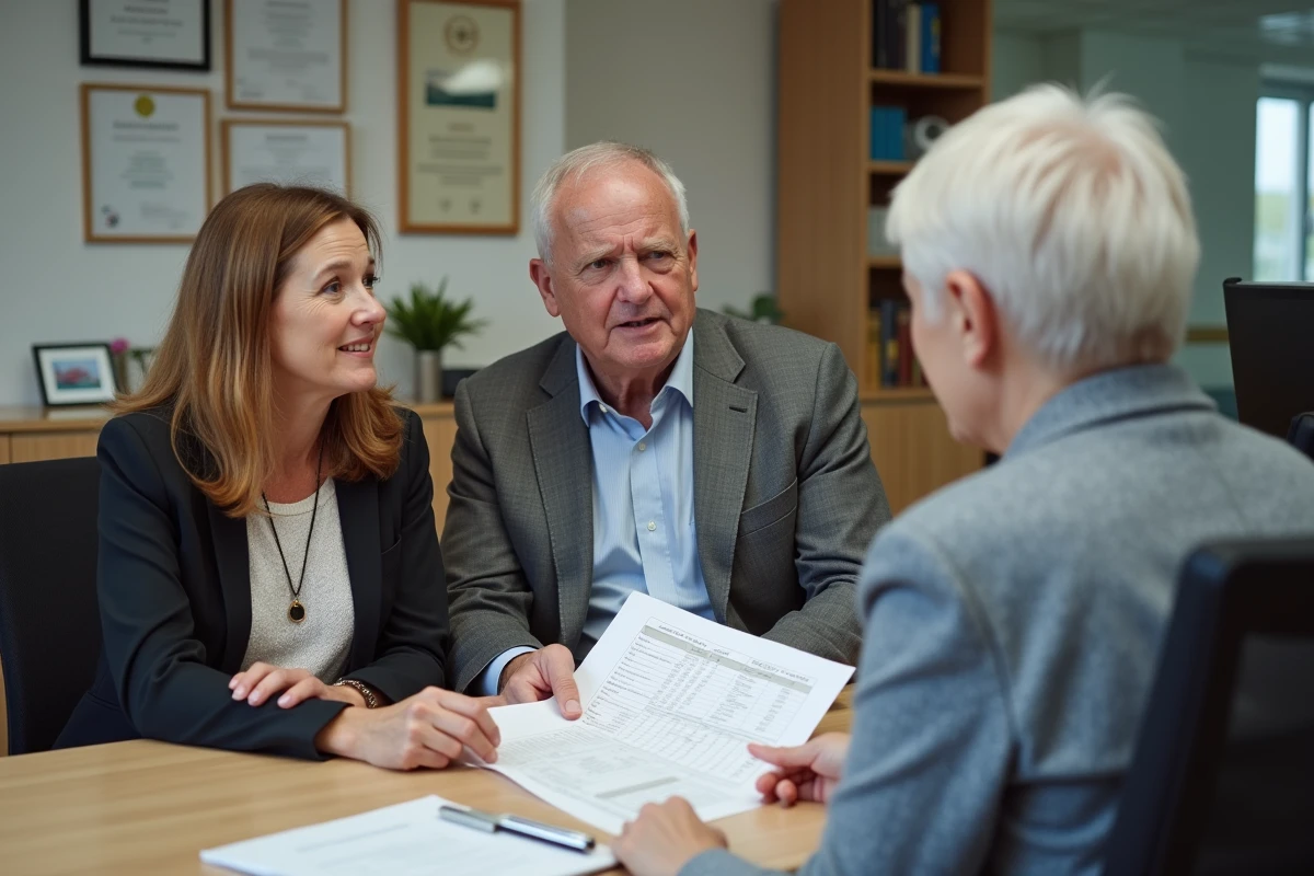 Un couple d'adultes en consultation avec un responsable d'EHPAD autour de documents tarifaires dans un bureau administratif