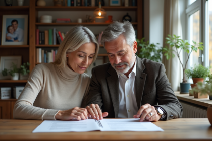 Couple d'adultes en intérieur cosy examinant des papiers