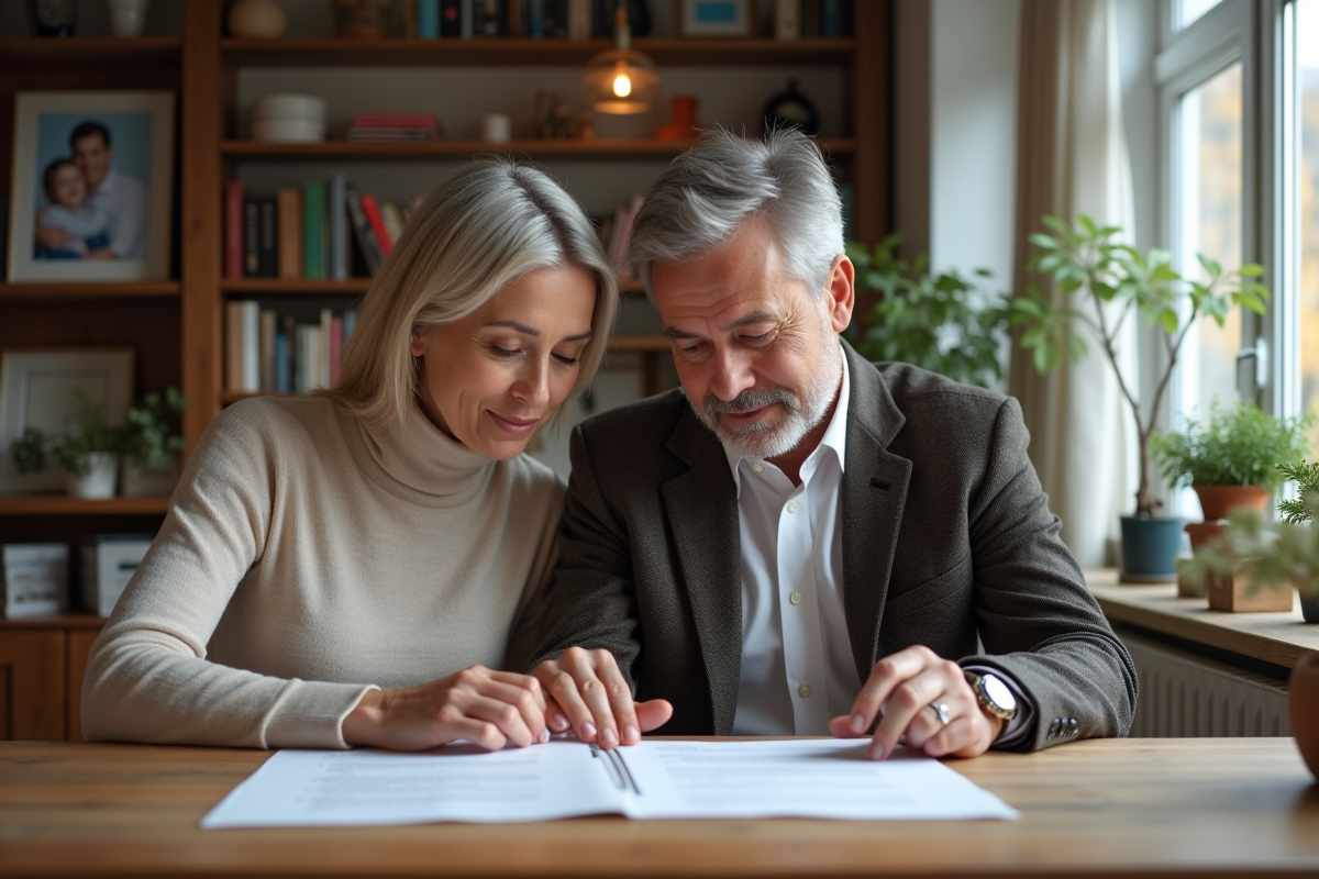 Couple d'adultes en intérieur cosy examinant des papiers